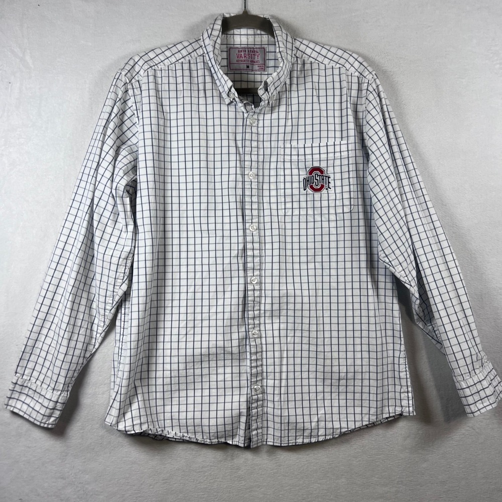 Ohio State Varsity Mens Medium Button Down Shirt White Check Buckeyes Cotton‎